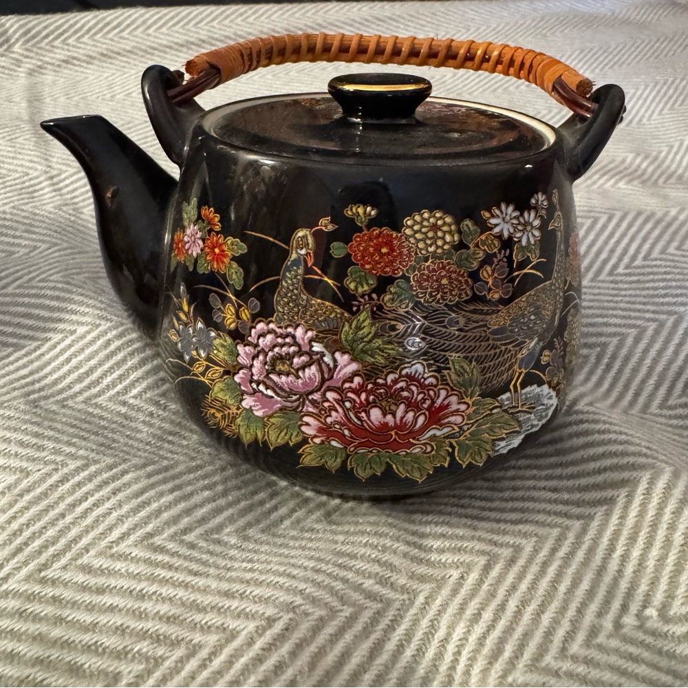 Floral Black Ceramic Teapot with Bamboo Handle
